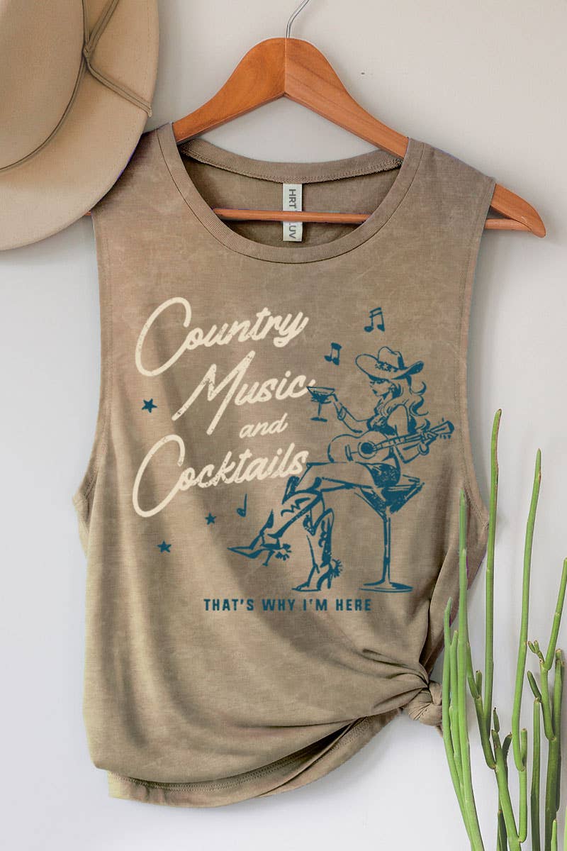 Country Music &amp; Cocktails Graphic Tank, Mineral Taupe