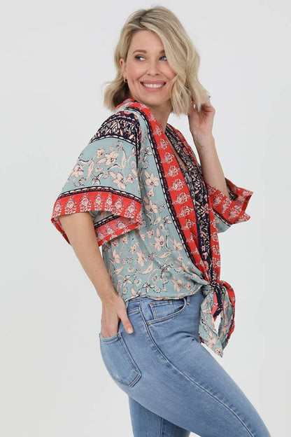 V Neck Floral Paisley Tie Front Blouse