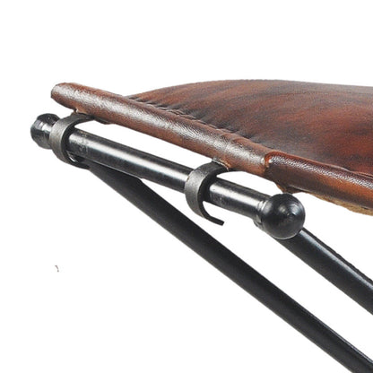 Brown Leather &amp; Iron Industrial Accent Stool