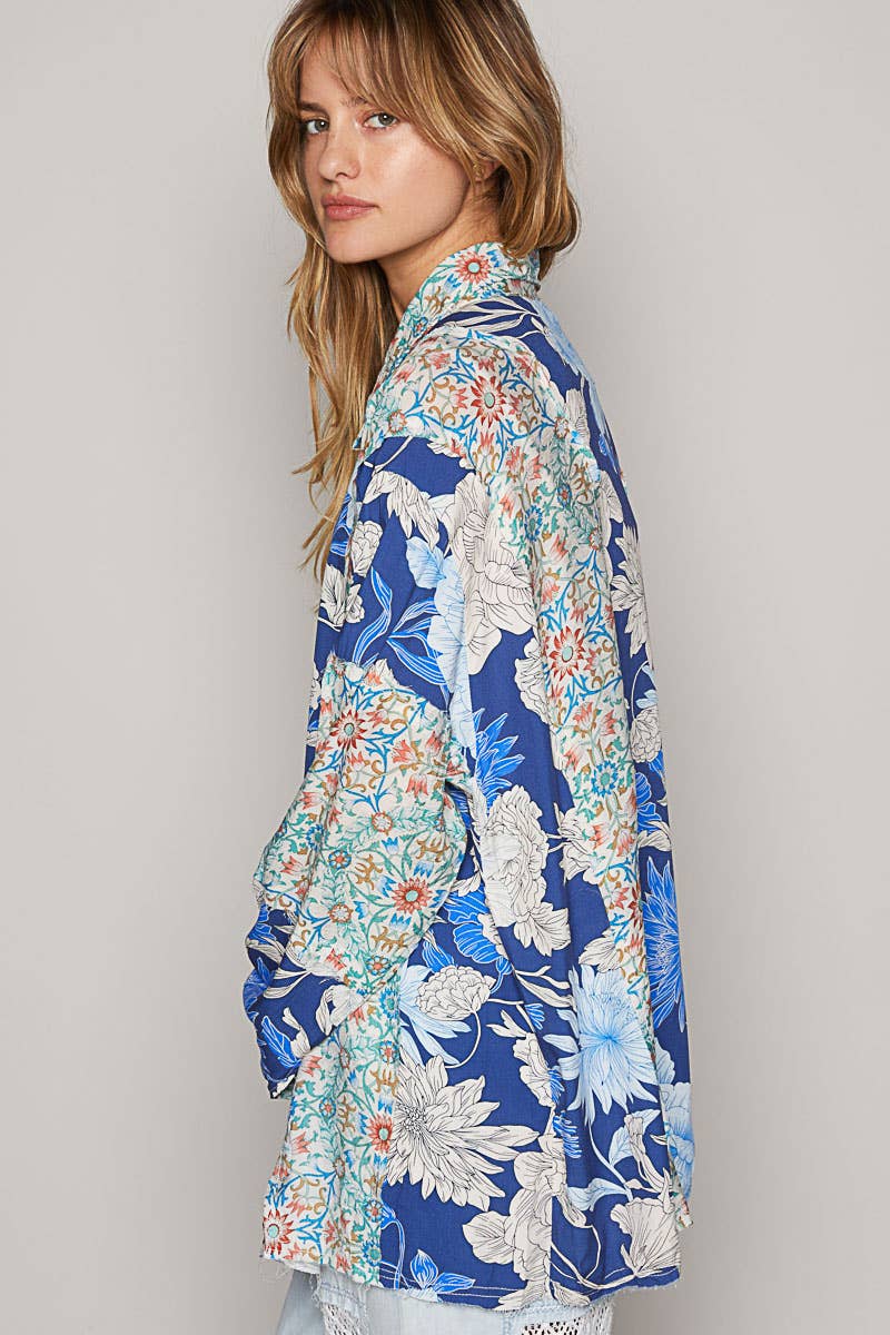 Oversized Long Sleeve Floral Woven Printed Blouse, Blue