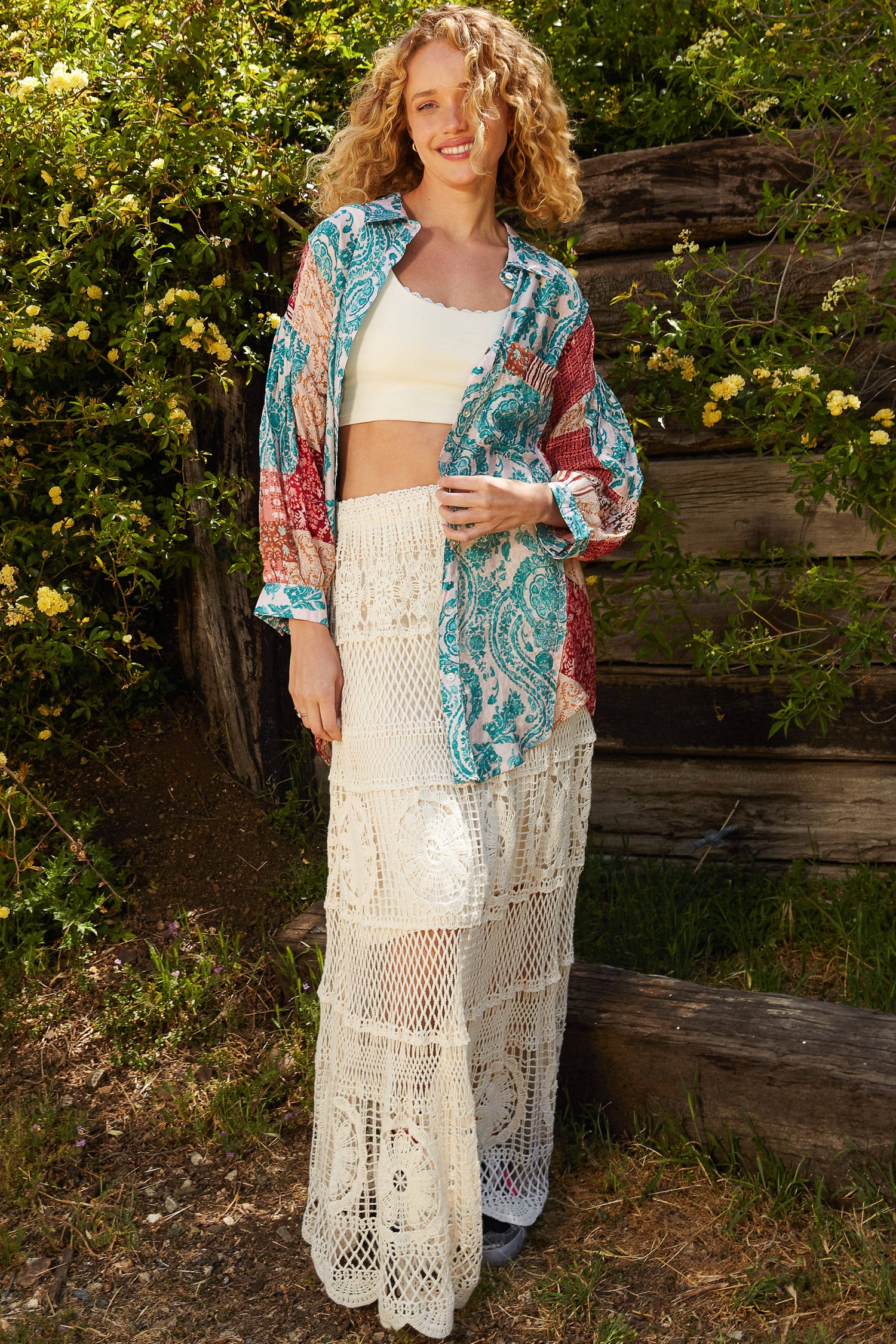 Oversized Long Sleeve Print Woven Button Down Shirt, Teal
