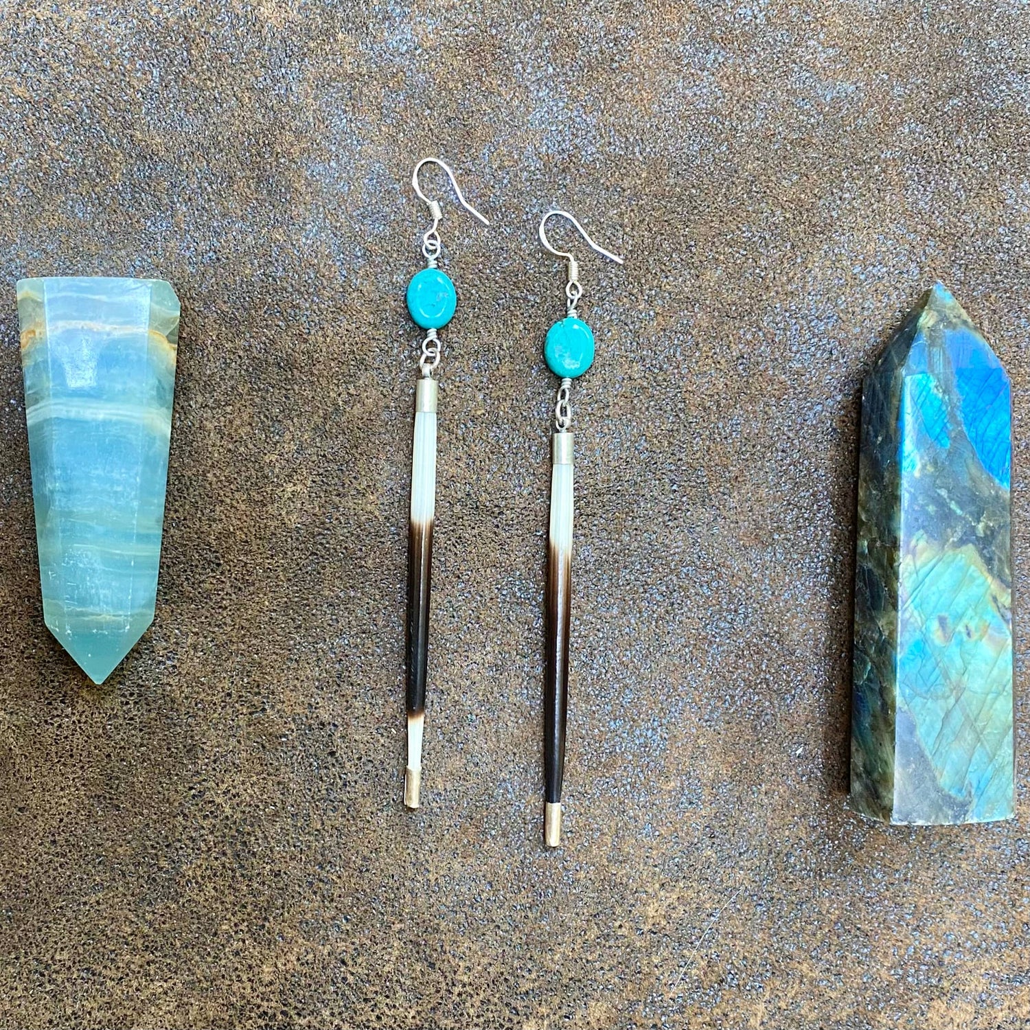 Porcupine Quill &amp; Turquoise Earrings, with Silver Earwires: Turquoise &amp; Silver