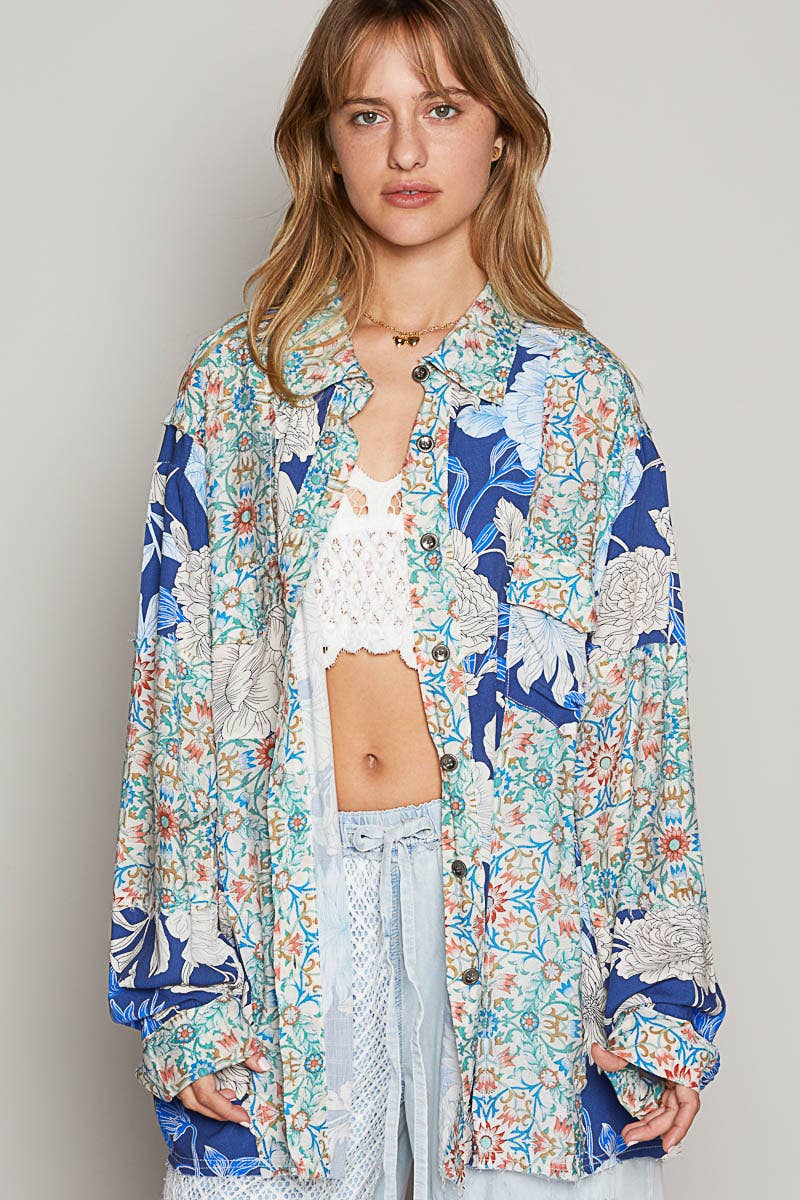 Oversized Long Sleeve Floral Woven Printed Blouse, Blue