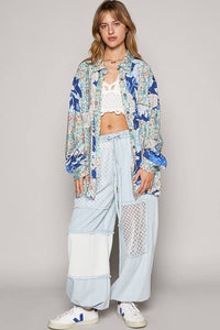 Oversized Long Sleeve Floral Woven Printed Blouse, Blue