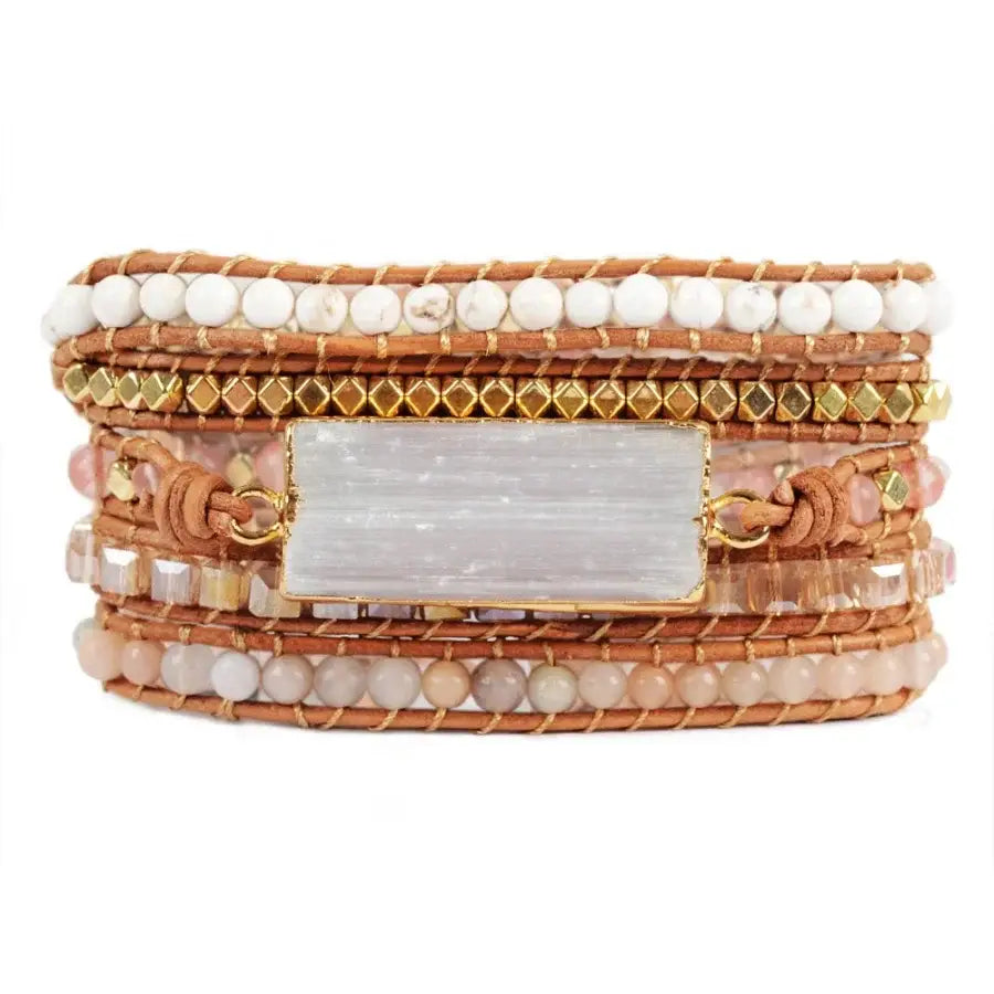 Natural White Selenite &amp; Sunstone Wrap Bracelet