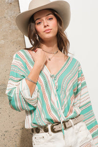 Ethnic Stripe Wrap Tie Lace Bodysuit