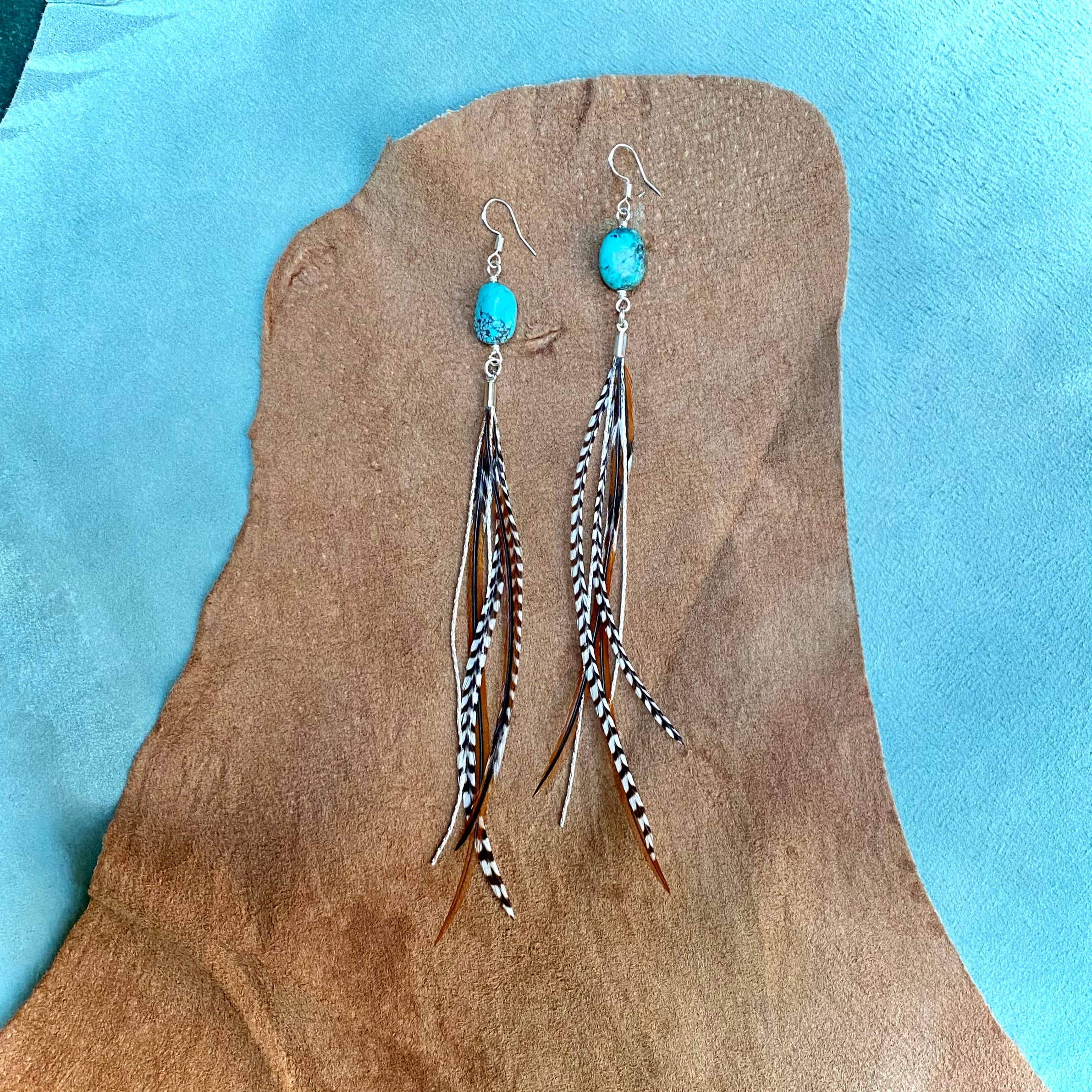 Turquoise &amp; Mini Feather Earrings - Grizzly &amp; Fawn/Silver: Grizzly &amp; Fawn / Silver