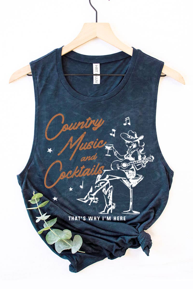 Country Music &amp; Cocktails Graphic Tank, Mineral Navy