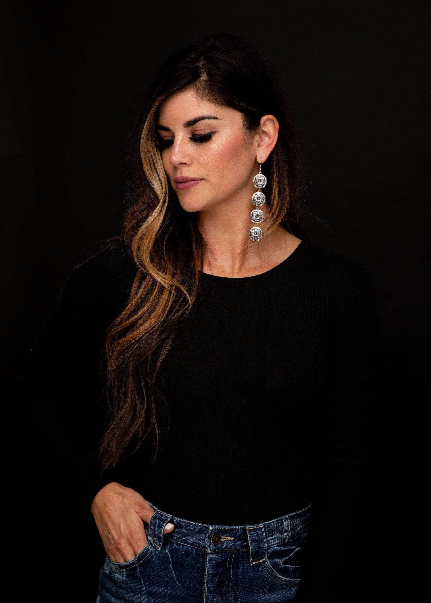 3.75&quot; Burnished Silver 4 Tier Stamped Concho Earrings