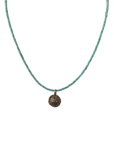 17619 Seed Bead and Bronze Sand Dollar Charm Necklace, Turquoise