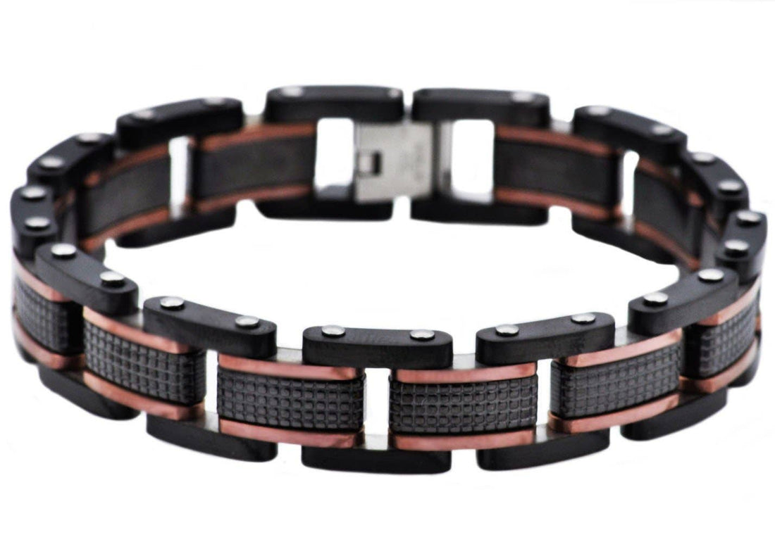 Black and red metal bracelet on a white background