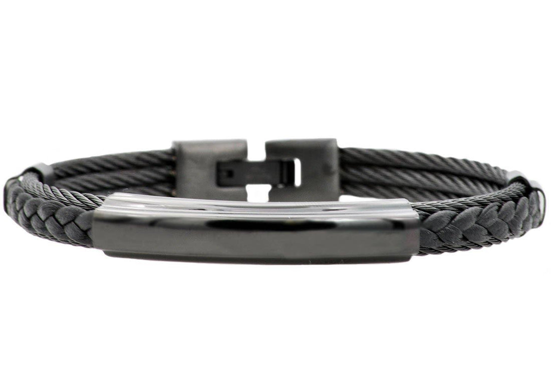Black braided bracelet with a metallic clasp on a white background