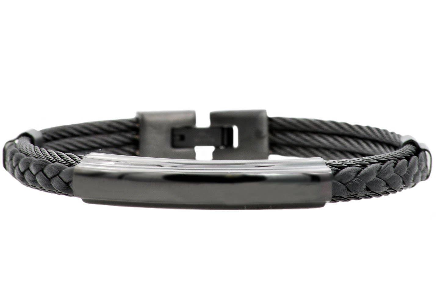 Black braided bracelet with a metallic clasp on a white background