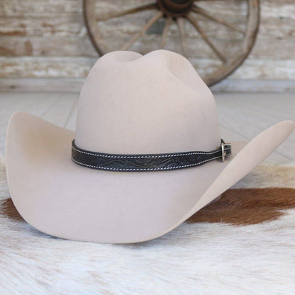 Beige cowboy hat with a black band on a rustic background