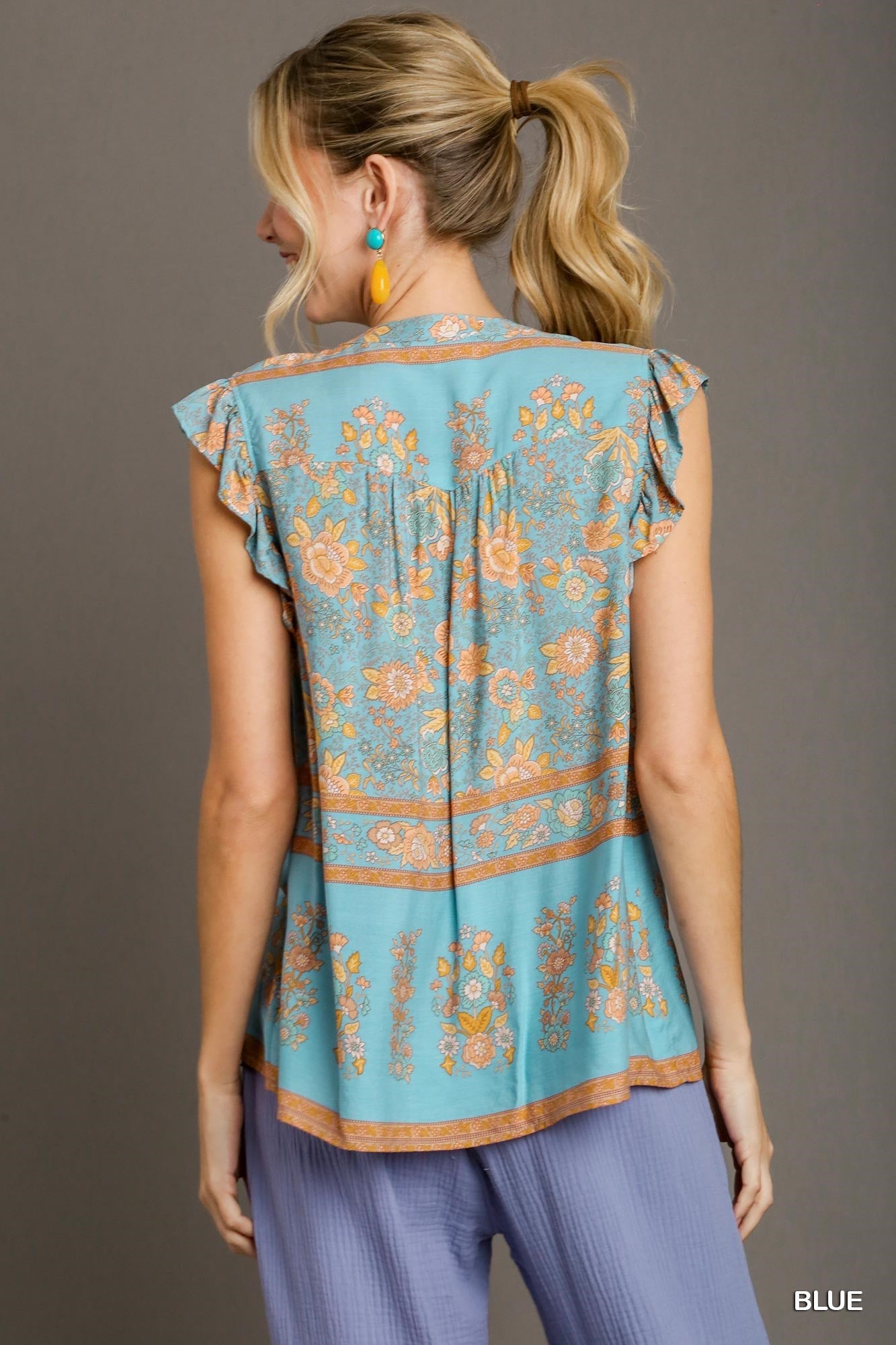 Boxy Cut Border Print Split Neck Top with Front Tassel Top