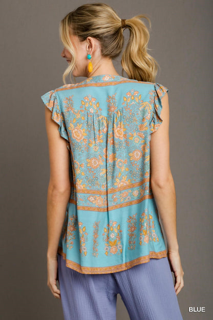Boxy Cut Border Print Split Neck Top with Front Tassel Top