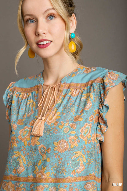 Boxy Cut Border Print Split Neck Top with Front Tassel Top