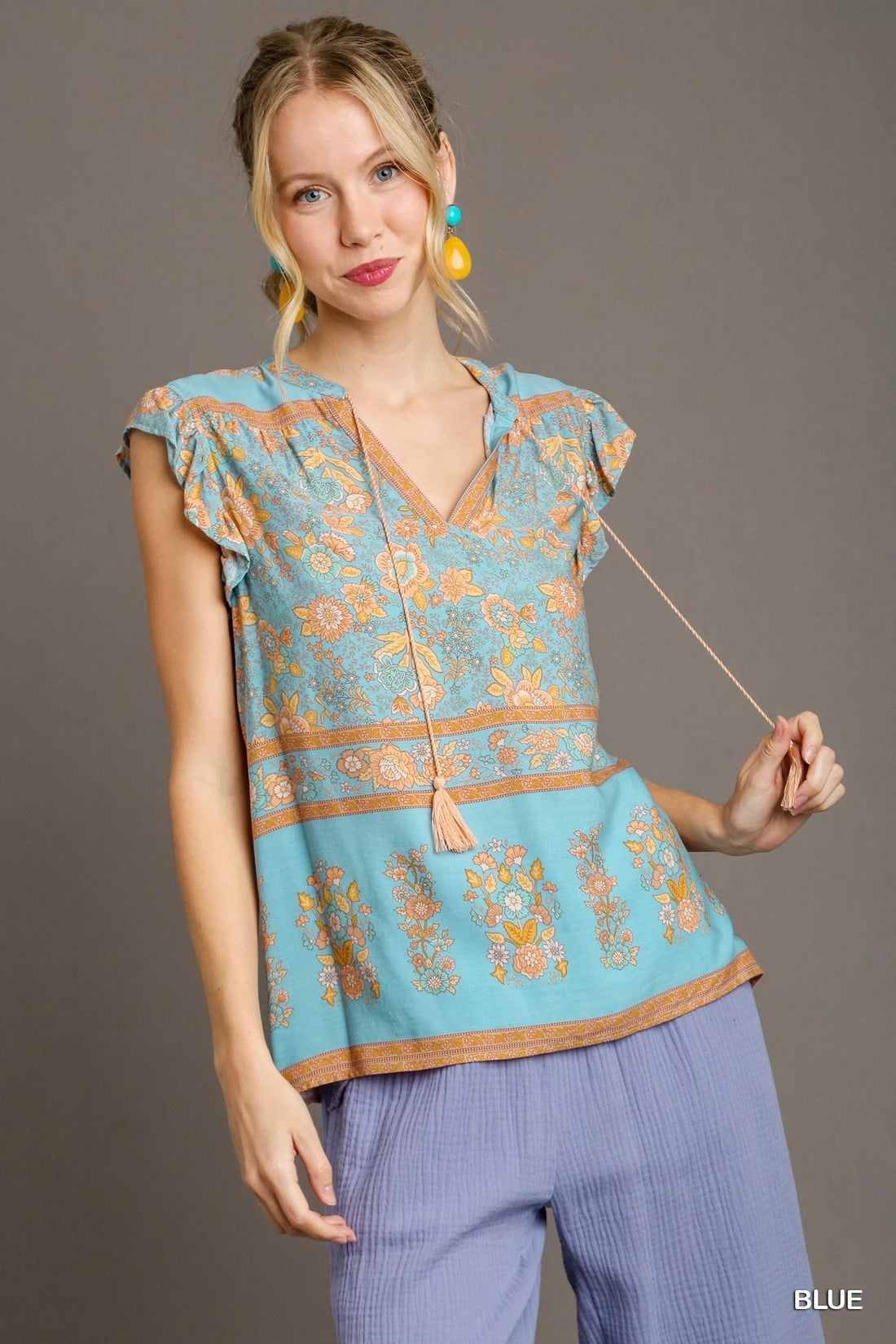 Boxy Cut Border Print Split Neck Top with Front Tassel Top
