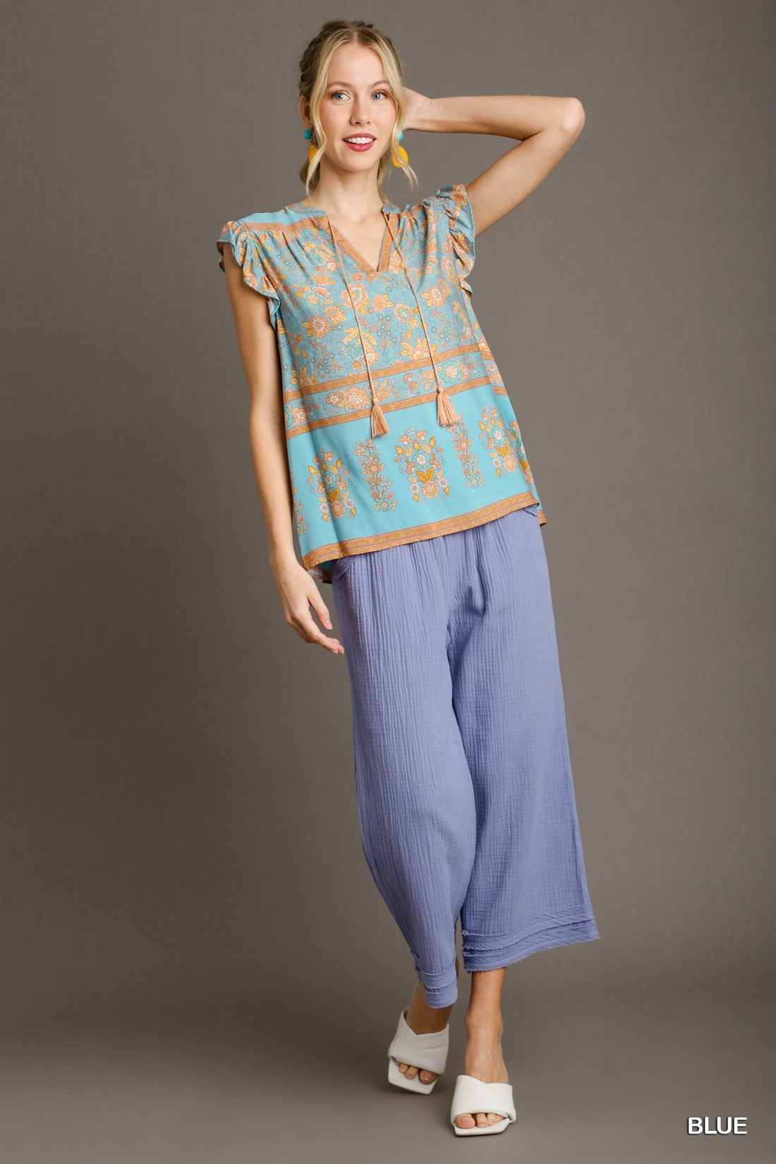 Boxy Cut Border Print Split Neck Top with Front Tassel Top