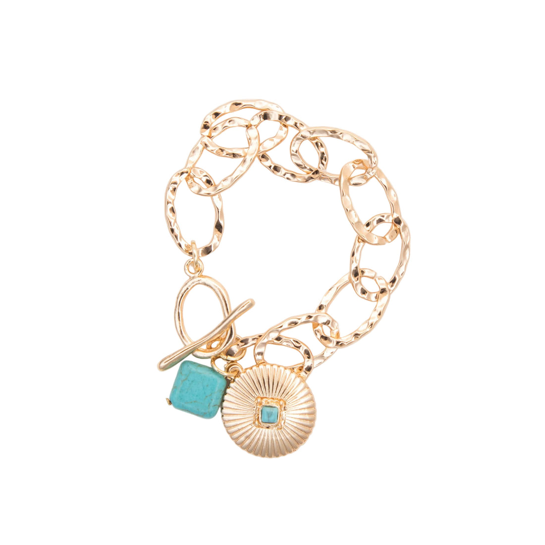 Gold bracelet with charms on a white background