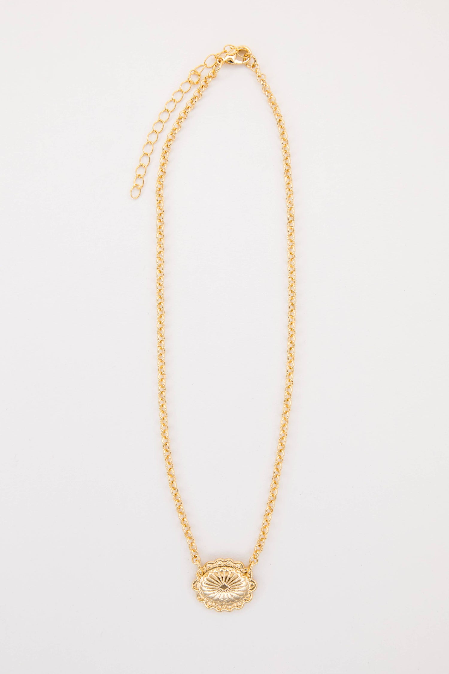 Gold necklace with a circular pendant on a light gray background
