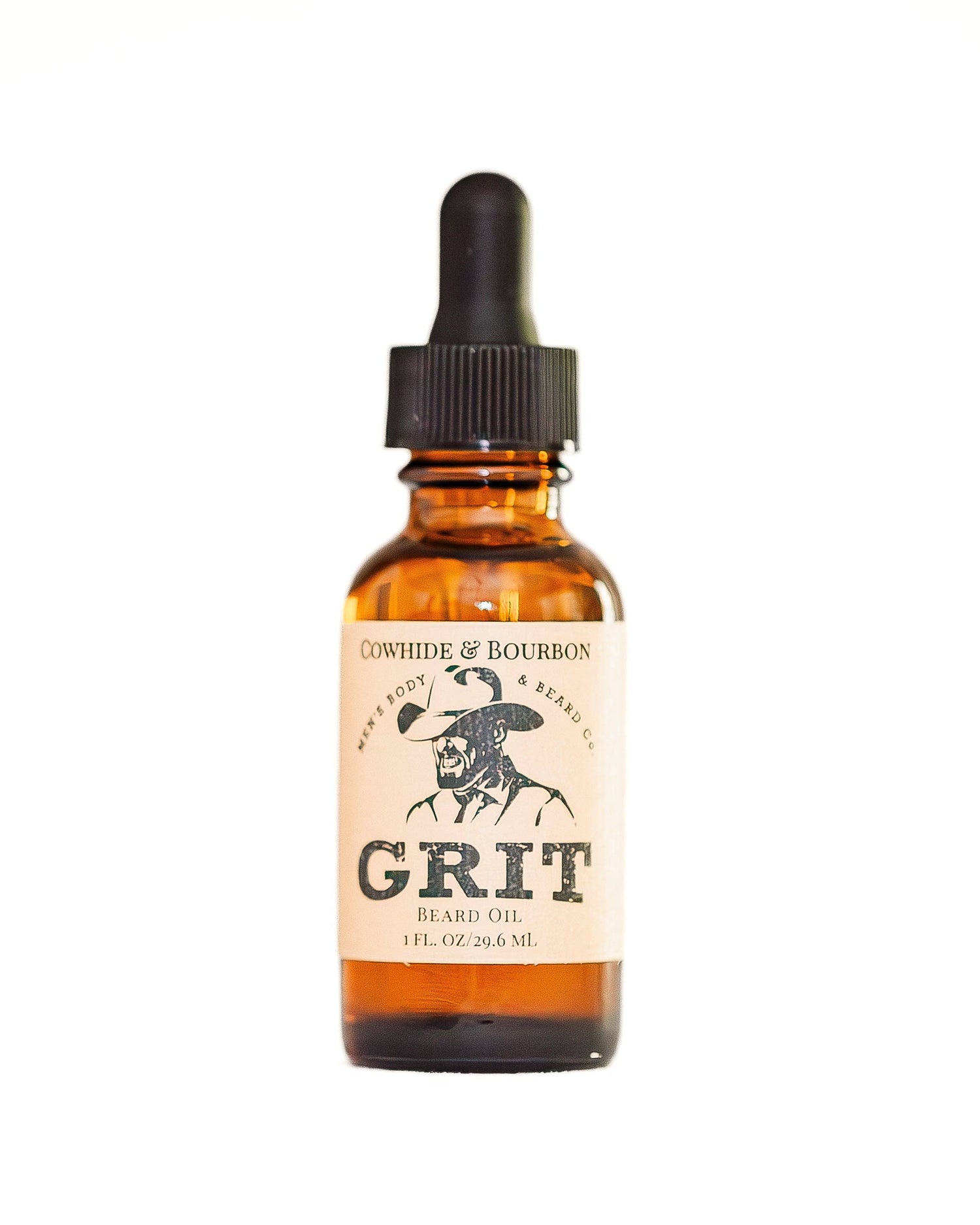 Bottle of Cowhide &amp; Bourbon Grit beard oil on a white background