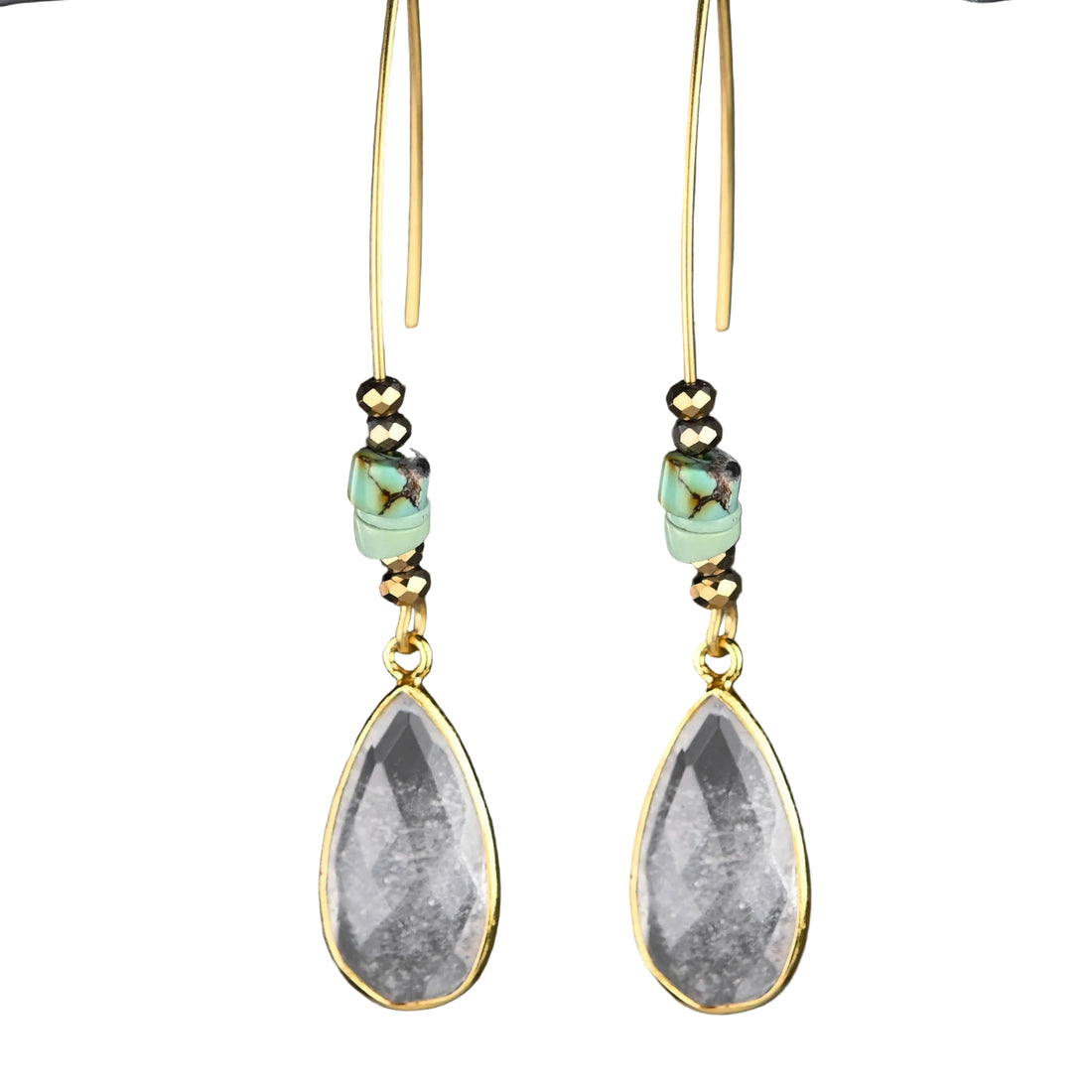 Teardrop-shaped earrings with gold and turquoise accents on a dark background