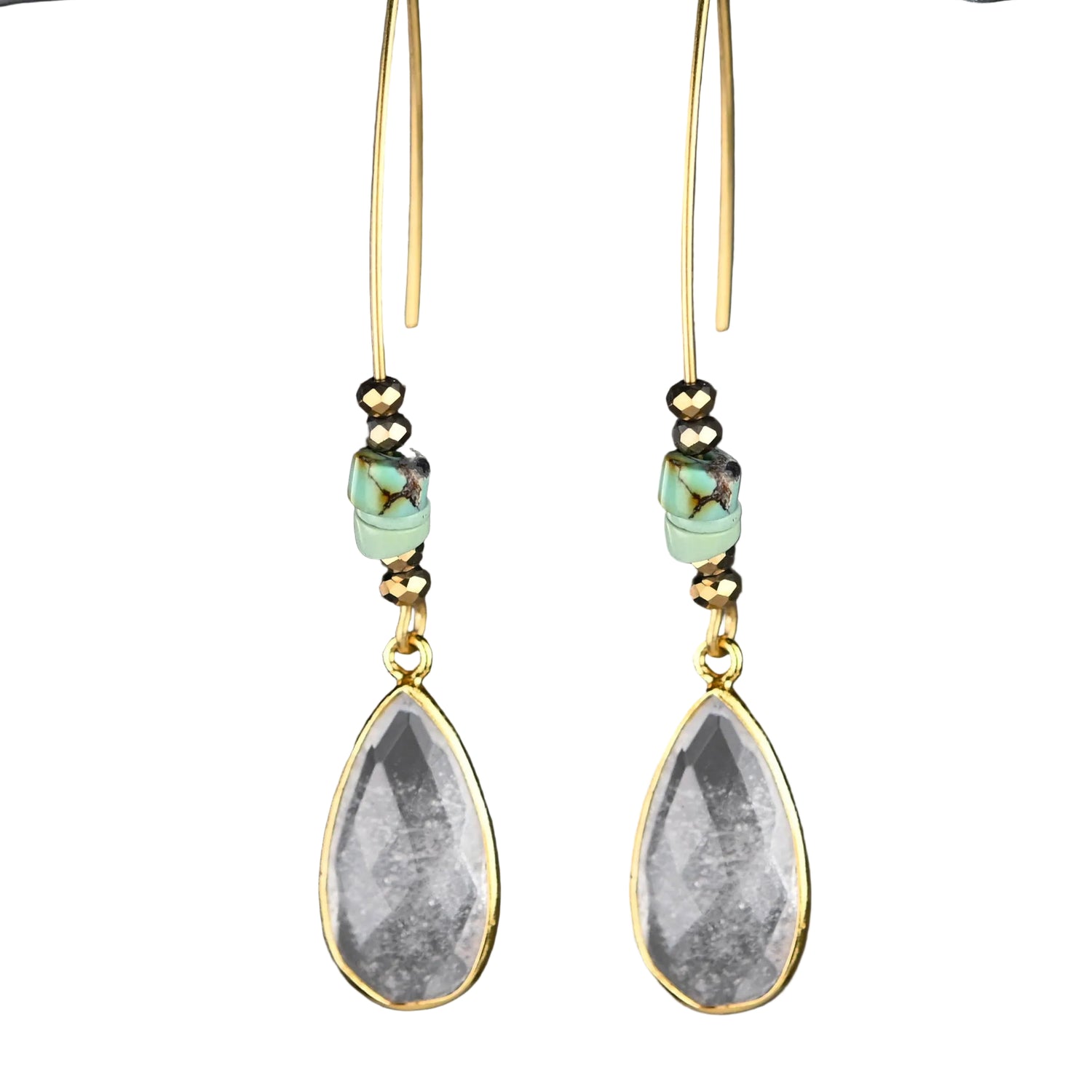 Teardrop-shaped earrings with gold and turquoise accents on a dark background
