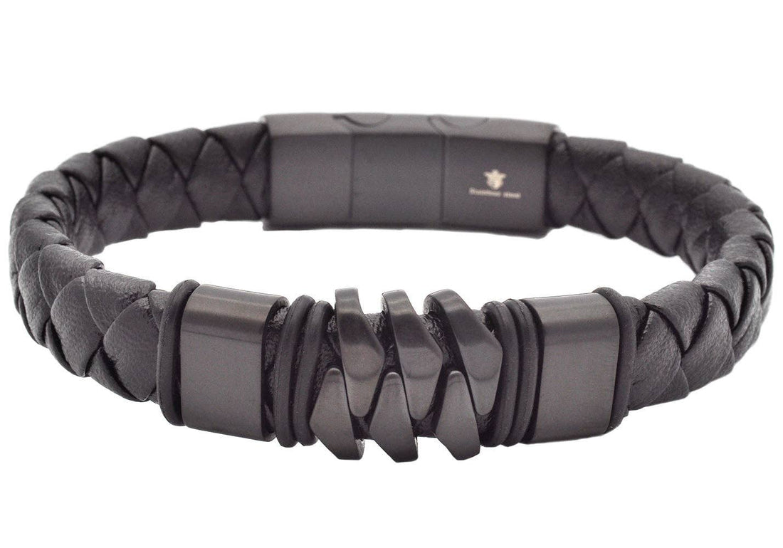 Black braided leather bracelet with metallic clasp on a white background