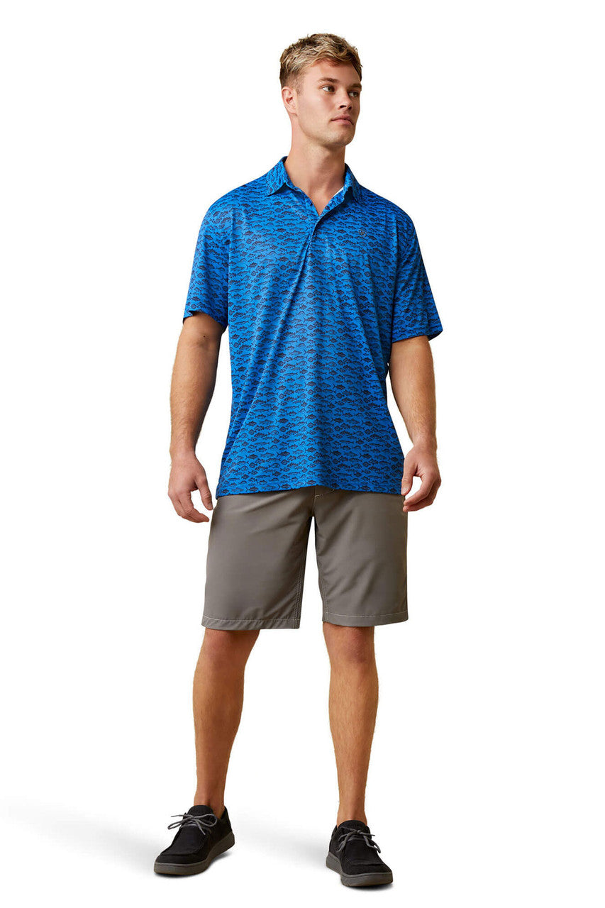 Ariat Mens All Over Print Short Sleeve Polo, Cendre Blue