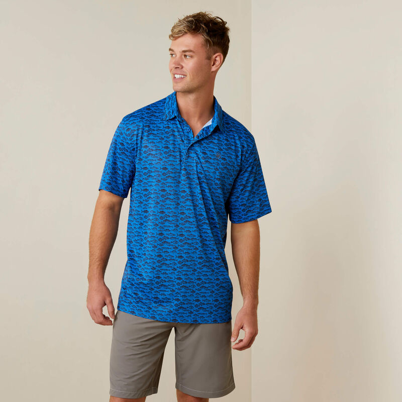 Ariat Mens All Over Print Short Sleeve Polo, Cendre Blue