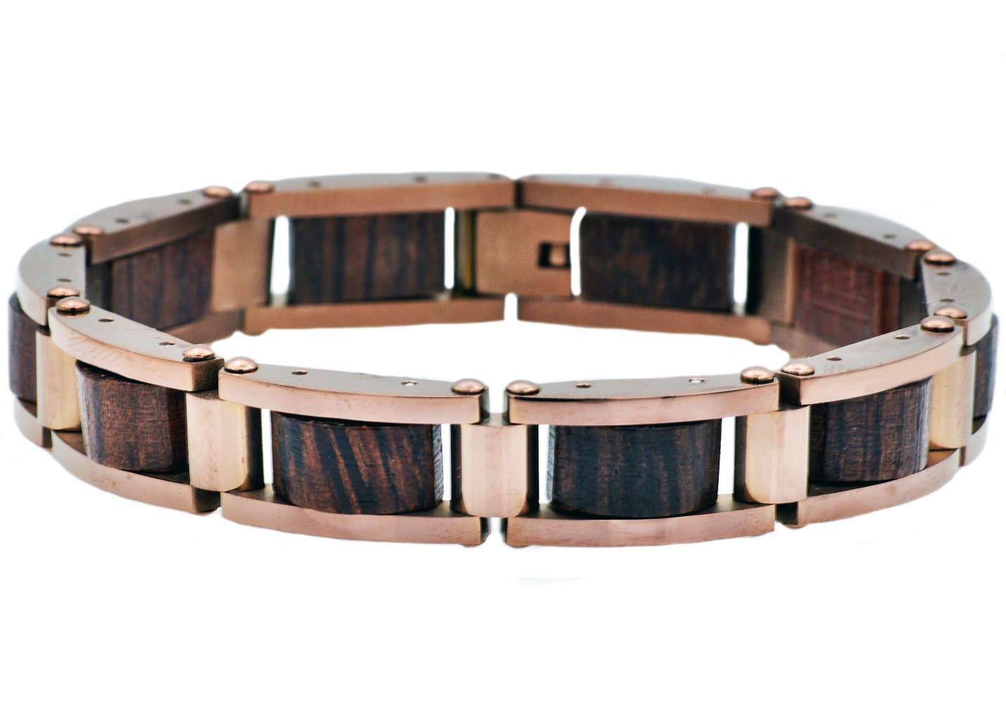 Bracelet with rose gold and dark wood pattern on a white background