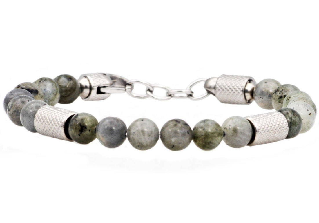 Bracelet with gray beads and silver accents on a white background