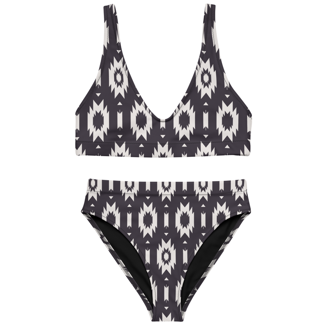 Black and white patterned bikini set on a white background