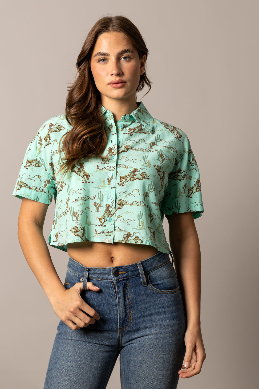 Kimes Ranch Ranchero Cropped Camp Shirt, Turquoise