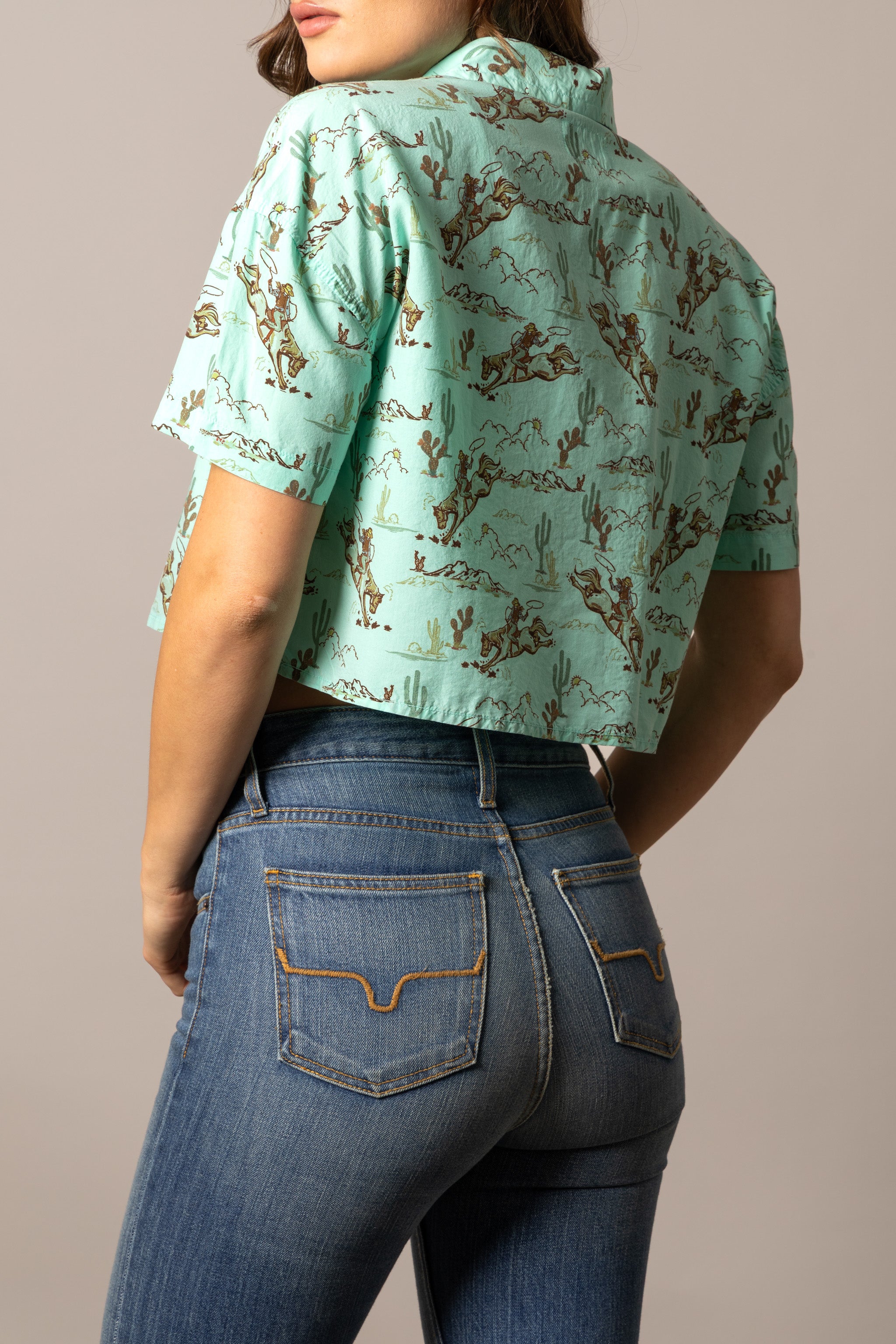 Kimes Ranch Ranchero Cropped Camp Shirt, Turquoise