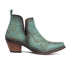 S-10624 Western Turquoise Ankle Boots featuring distressed turquoise leather, intricate tonal embroidery, deep V-cut sides, a stacked heel, and a pointed toe for a modern Western flair.







