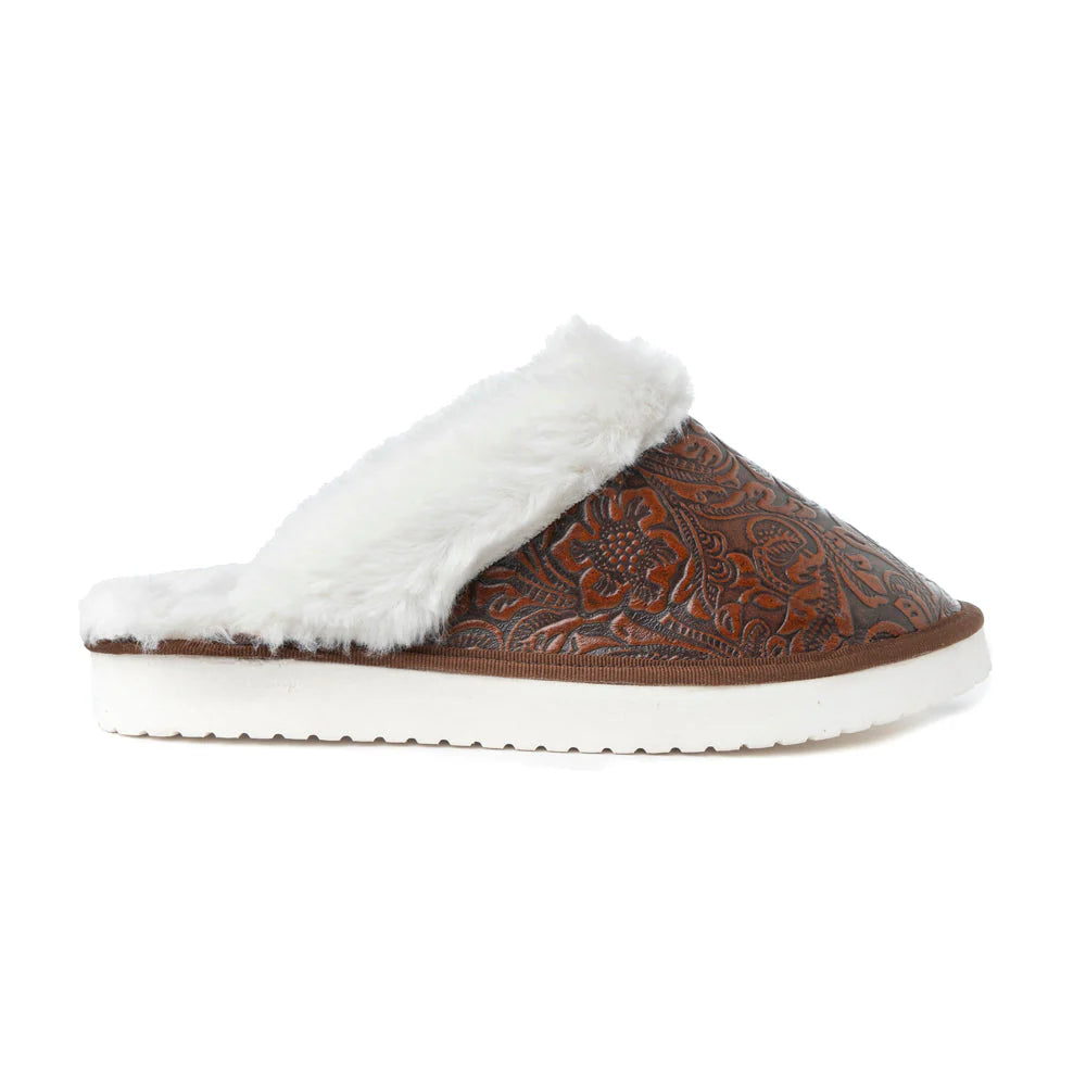 Snowdrift Embossed Leather Slippers, Brown