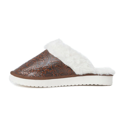 Snowdrift Embossed Leather Slippers, Brown