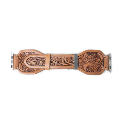 Lone Star Handtooled Leather Watch Band, Antique Saddle Brown