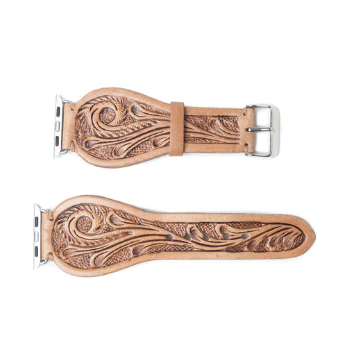 Lone Star Handtooled Leather Watch Band, Light Saddle Tan