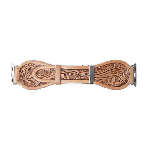 Lone Star Handtooled Leather Watch Band, Light Saddle Tan