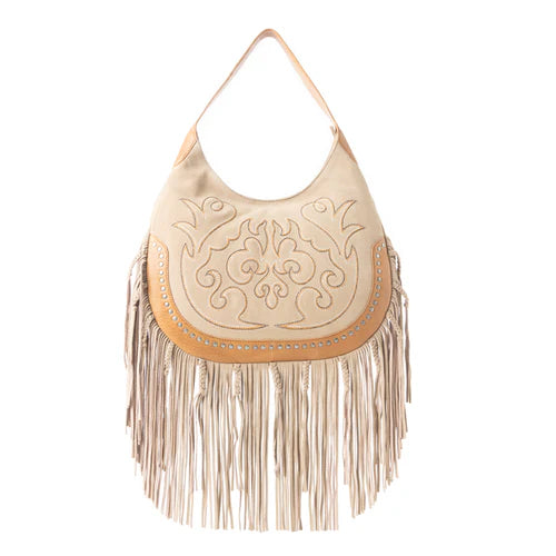 Sage Whisper Fringe Leather Bag, Beige