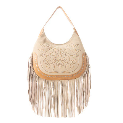 Sage Whisper Fringe Leather Bag, Beige