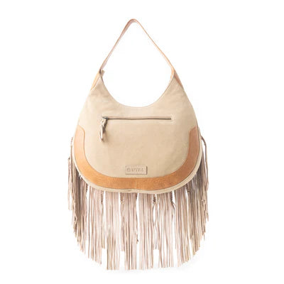 Sage Whisper Fringe Leather Bag, Beige