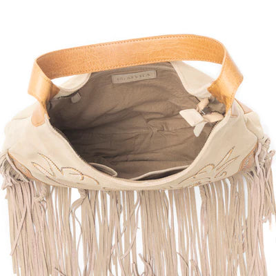 Sage Whisper Fringe Leather Bag, Beige