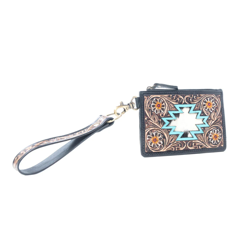 Navajo Sky Handtooled Hairon Leather Card Holder, Antique Brown