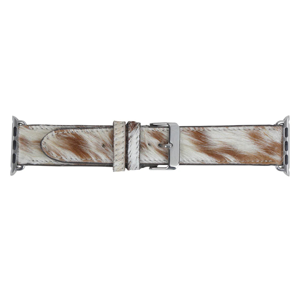 S-6895 Cowhide Apple Watch Band featuring genuine hair-on hide leather with a classic buckle closure. Designed for a unique Western-inspired look, compatible with Apple Watch models.