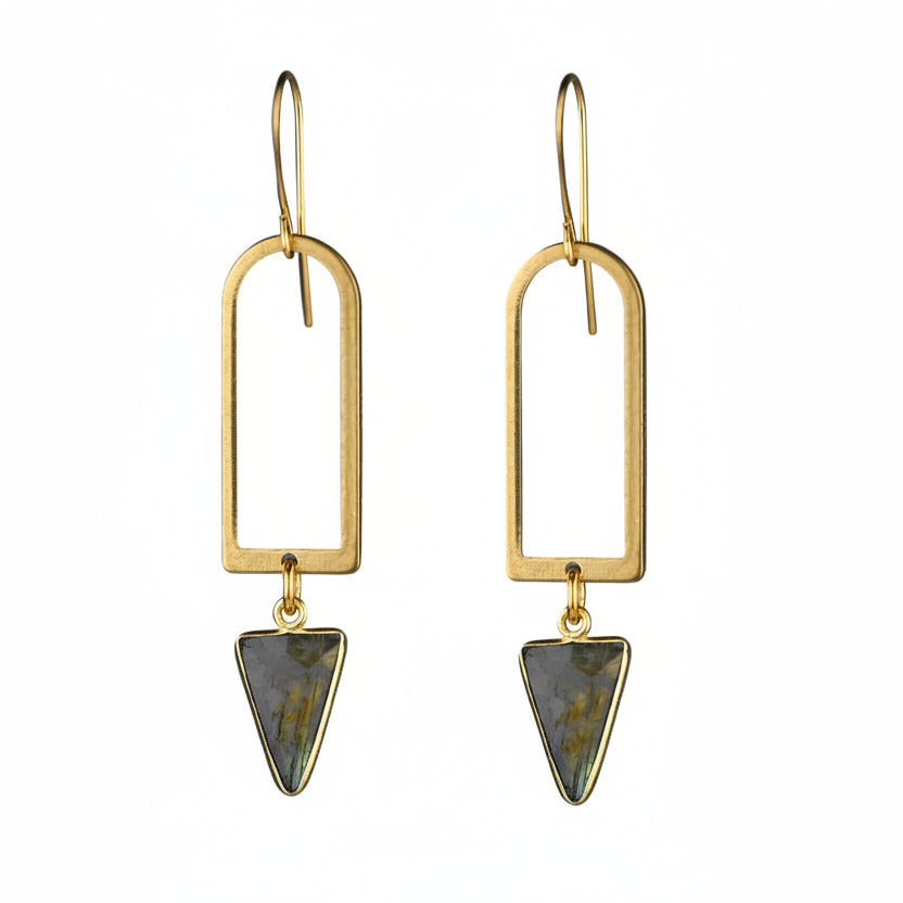 Gold earrings with triangular gemstones on a white background
