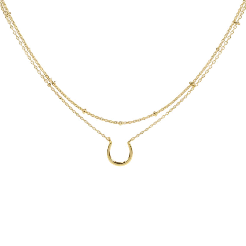 Gold horseshoe necklace on a card with &